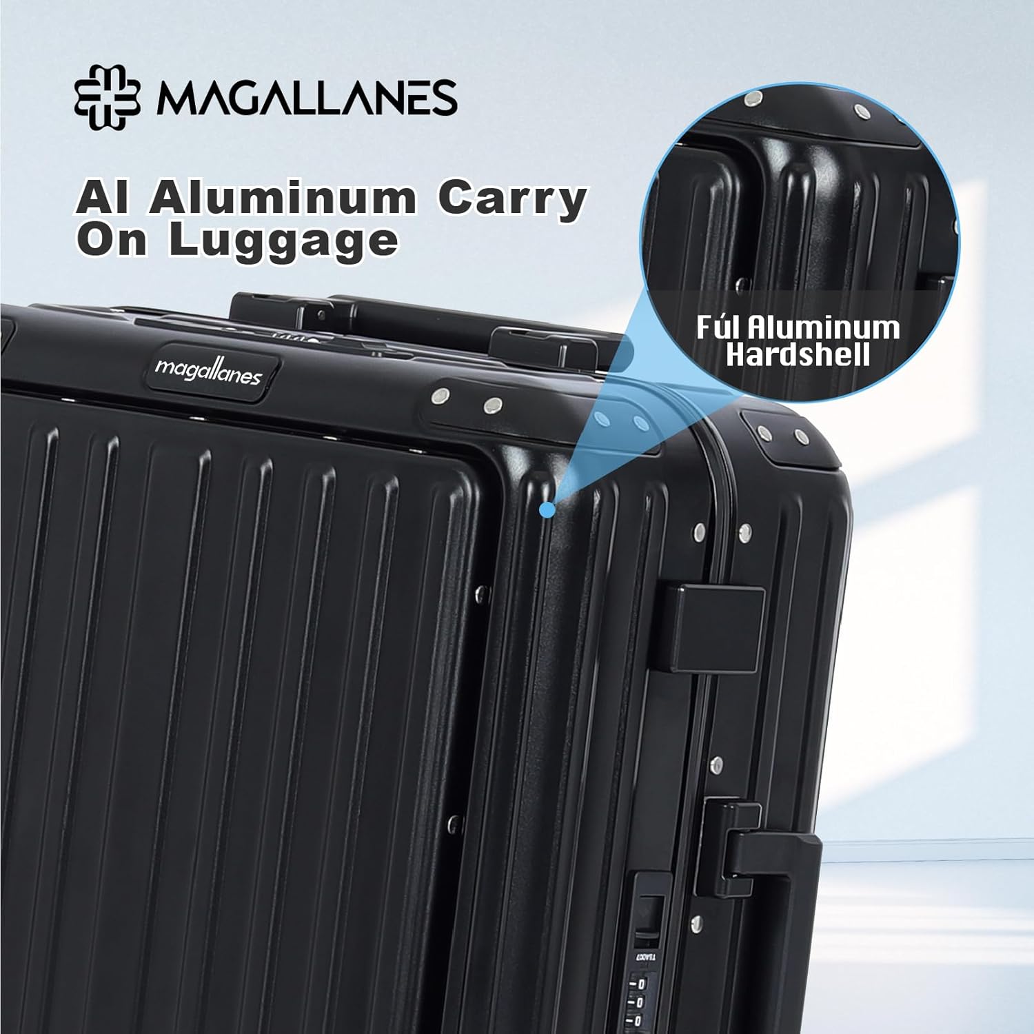 magallanes 20 Inch All Aluminum Carry On Luggage with Laptop Compartment - Zipperless Hard Shell Suitcase, 22x14x9 Airline Approved with Dual TSA Locks & Silent Spinner Wheels, Black